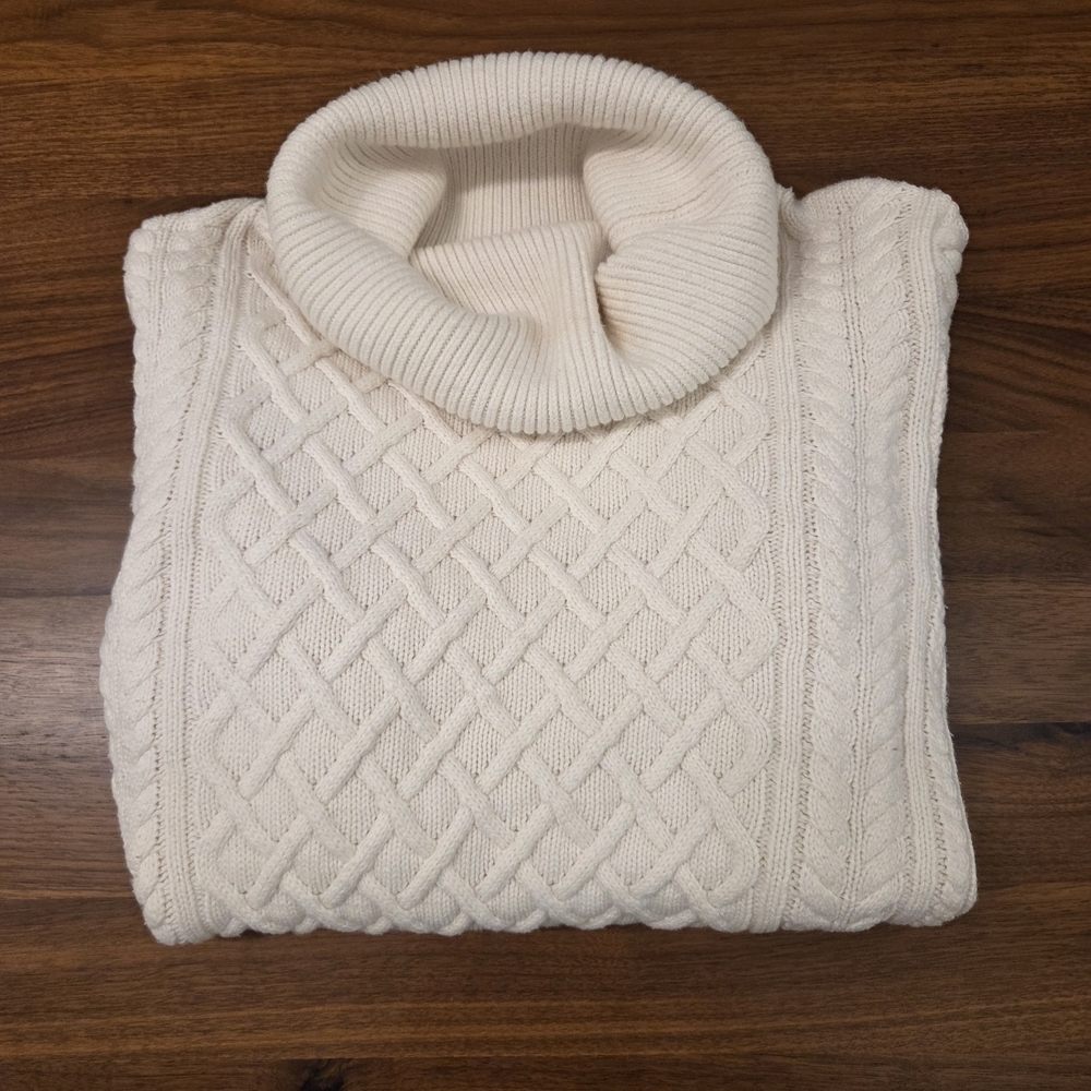 Banana Republic 100% Cotton Cable-Knit Long Sleeve Cream Turtleneck Sweater Med - Picture 3 of 9
